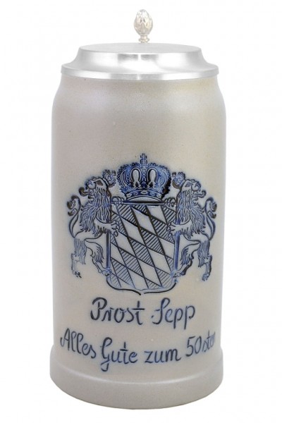 Bierkrug mit Gravur nach Wunsch - Zinndeckel - 1.0l